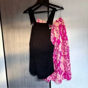 Ladies clothing bundle black corduroy overalls bright pink pleated skirt large